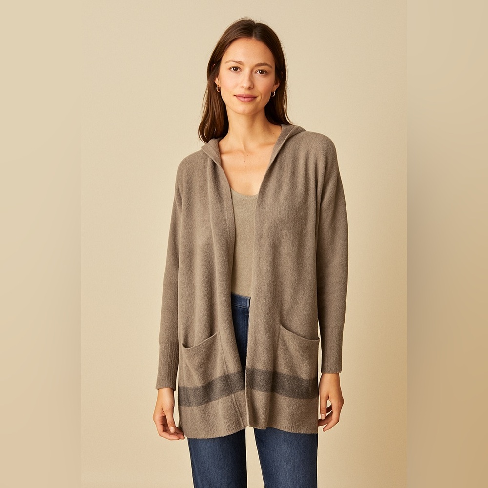 Barefoot Dreams CozyChic Lite Hooded Cardigan Taupe Gray Stripe One Size